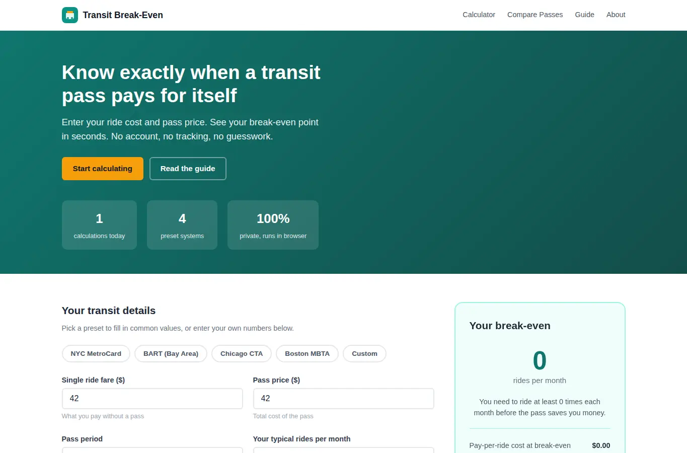 Screenshot of Transit Pass Break Even Calculator interface showing the project page in use